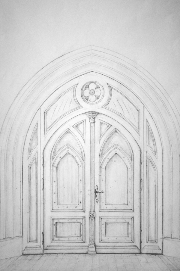 Odręczny projekt drzwi sakralnych.